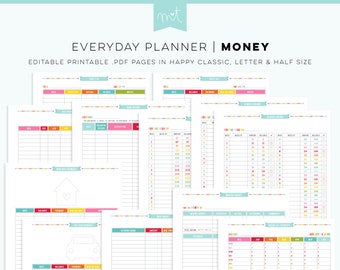 S5 • Money EDITABLE PDF Everyday Planner Printables Happy Classic Letter Half Free Font finances budgeting mortgage payments savings debts