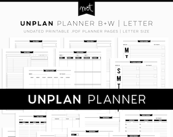 UNplan Planner Black and White Printables - PDF pages in LETTER size - daily/weekly docket, undated digital planner calendars any year month