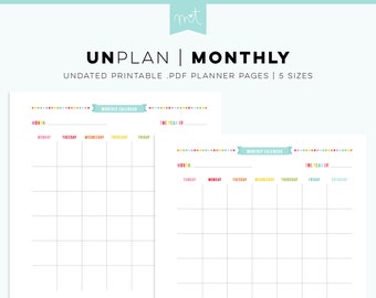 UNplan Monthly - Undated Everyday Planner Page Printables PDF - 5 Sizes - digital calendars download colorful minimal fun organizing