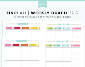 UNplan Weekly Boxed 2PG - Undated Everyday Planner Page Printables PDF - 5 Sizes calendriers numériques télécharger coloré s'amuser minimal organisation