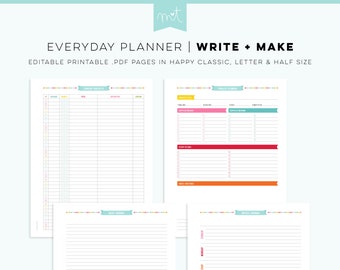 S6 • Write + Make EDITABLE PDF Everyday Planner Printables Happy Classic Letter Half Free Font current project planning daily weekly journal