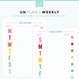 UNplan Weekly - Undated Everyday Planner Page Printables PDF - 5 Sizes - digital calendars download colorful minimal fun organizing