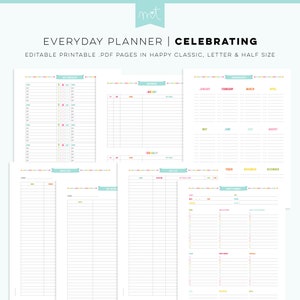 S1 • Celebrating EDITABLE Everyday Planner Pages Happy Classic, Letter & Half Size + Free Font PDF Printables Inserts