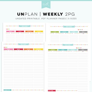 May include: Printable weekly planner pages with colorful borders. The pages are undated and include space for notes, random stuff, and a "get it done" section. The planner includes both standard and European week starts.