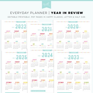 2020-2025 Year in Review Calendars EDITABLE Everyday Planner Pages Happy Classic, Letter & Half Size + Free Font PDF Printables Inserts