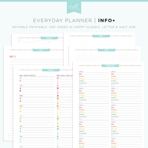 Account Info, Contacts + Notes EDITABLE PDF Everyday Planner Printables Happy Classic Letter Half Free Font