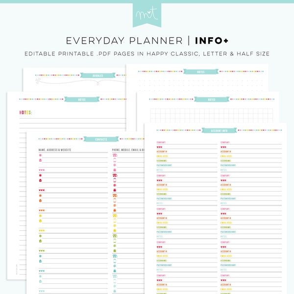 Account Info, Contacts + Notes EDITABLE PDF Everyday Planner Printables Happy Classic Letter Half Free Font