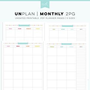 May include: Undated monthly planner pages with a white background. The pages are divided into daily sections with the days of the week labeled. The top of each page has a colorful banner. The text "UNPLAN | MONTHLY 2PG" is at the top.