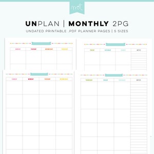 UNplan Monthly 2PG - Undated Everyday Planner Page Printables PDF - 5 Sizes - digital calendars download colorful minimal fun organizing