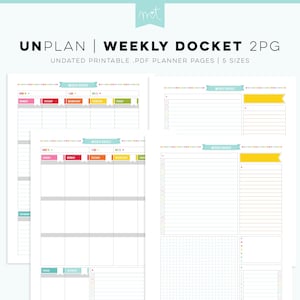 UNplan Weekly Docket - Undated Everyday Planner Page Printables PDF - 5 Sizes - digital calendars download colorful minimal fun organizing