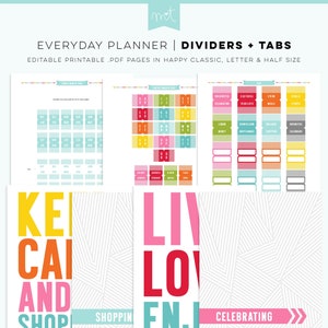 Dividers + Tabs EDITABLE Everyday Planner Pages Happy Classic, Letter & Half Size + Free Font PDF Printables Inserts