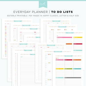 May include: Printable PDF pages for an everyday planner and to-do lists. The pages feature colourful borders and are available in happy classic, letter, and half sizes. The text "Everyday Planner | To Do Lists" is at the top of the image.
