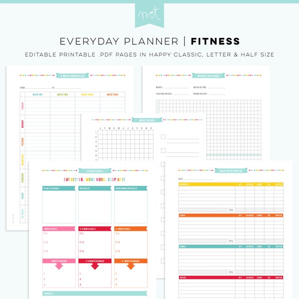 S4 • Fitness EDITABLE PDF Everyday Planner Printables Happy Classic Letter Half Free Font exercise nutrition fitness goals weight loss