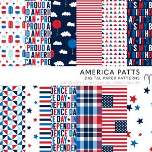 4 de julho America Digital Papers - 16 padrões para scrapbooking, cartões, convites, imprimíveis e muito mais - CU OK