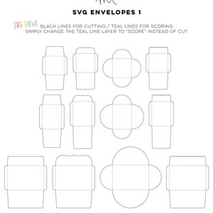 May include: SVG file for creating envelopes. The image shows eight different envelope designs with black lines for cutting and teal lines for scoring. The text "SVG VIEW!" is at the top of the image. The text "BLACK LINES FOR CUTTING / TEAL LINES FOR SCORING" is below the title. The text "SIMPLY CHANGE THE TEAL LINE LAYER TO "SCORE" INSTEAD OF CUT" is below the previous text. The text "ALSO INCLUDES AI + EPS + PNG" is at the bottom of the image.