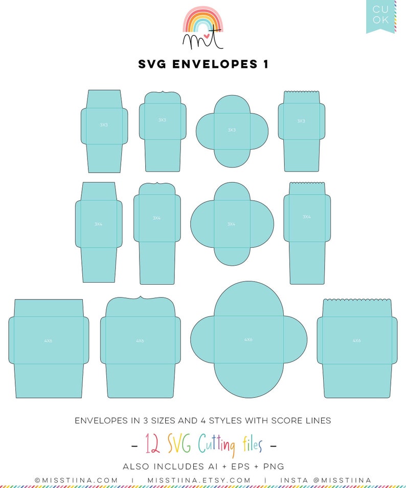 May include: Twelve SVG cutting files for envelopes in three sizes and four styles. The files include score lines for easy folding. The envelopes are shown in a light blue color.