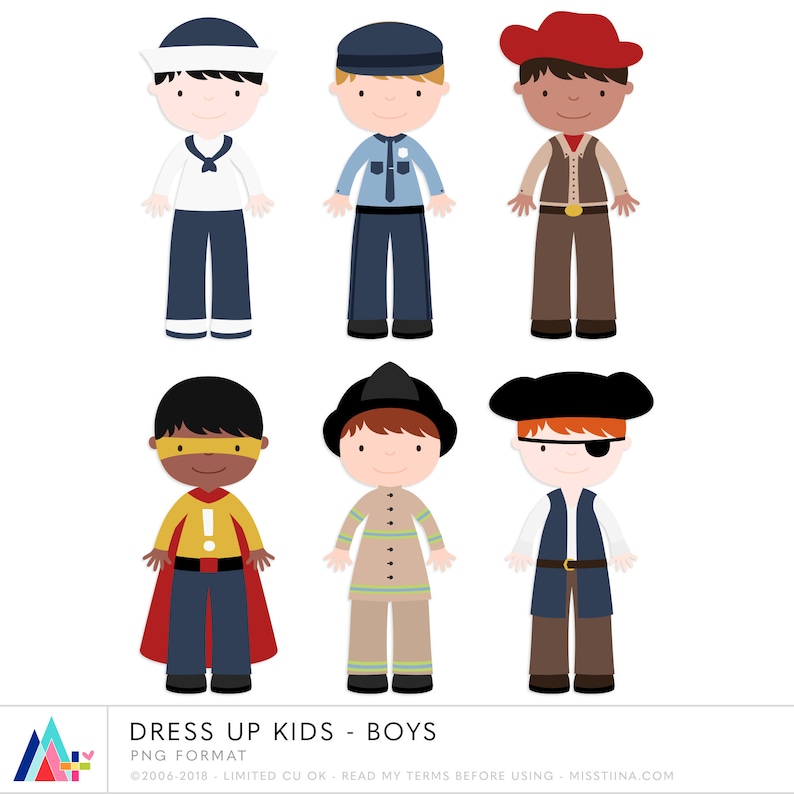 K&ouml;nnte beinhalten: Sechs Illustrationen von Jungen in verschiedenen Kost&uuml;men. Die Jungen tragen ein Matrosen-Outfit, eine Polizeiuniform, ein Cowboy-Outfit, ein Superhelden-Kost&uuml;m, eine Feuerwehruniform und ein Piraten-Outfit.
