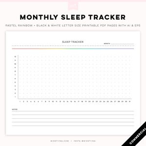 May include: A white printable PDF page with a sleep tracker design. The page includes a pastel rainbow header, a grid for tracking sleep hours, and space for notes. Text includes "MONTHLY SLEEP TRACKER" and "SLEEP TRACKER".