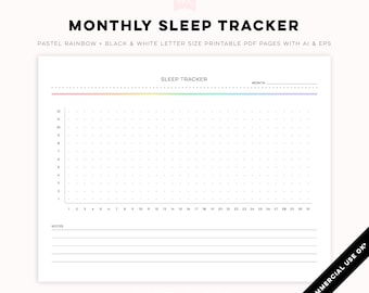 Monthly Sleep Tracker - Minimal Pastel Rainbow + Black & White Digital PDF Printables | CU Templates for Personal and Commercial Use