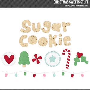 Op de afbeelding: Een digitaal clipart-pakket met een gingerbread-koekje met de tekst "Sugar Cookie" in bruin en wit met rode en groene sprinkles. Het pakket bevat ook een rood hart, een groene kerstboom, een rood-witte pepermuntstok, een blauwe ster, een rood-witte pepermuntdrop en een groene hulsttak.