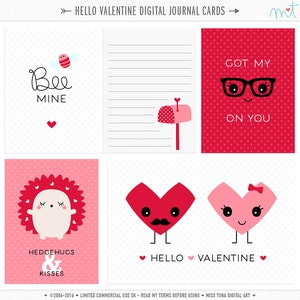 Hello Valentine Digital 5 Journal Cards - cartões de anotações para scrapbooking para impressão inspirados na vida do projeto - download instantâneo - CU OK