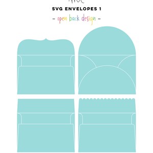 May include: Four different SVG envelope designs with open backs. The envelopes are in a light blue color with white outlines. The text "SVG ENVELOPES 1 - open back design -" is at the top of the image.