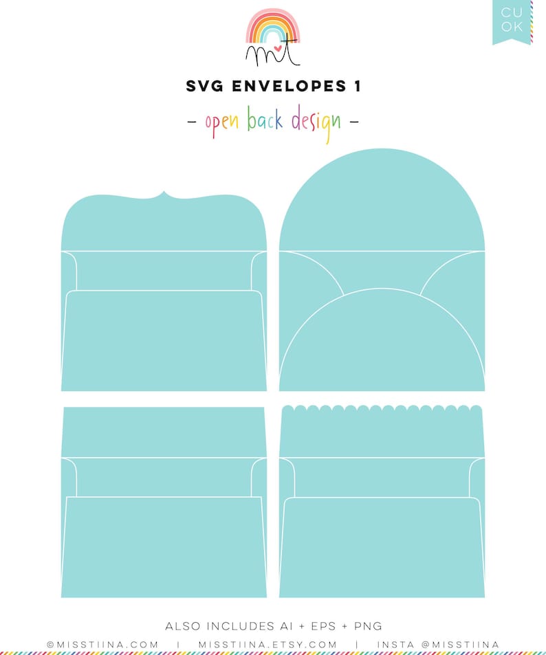 May include: Four different SVG envelope designs with open backs. The envelopes are in a light blue color with white outlines. The text "SVG ENVELOPES 1 - open back design -" is at the top of the image.