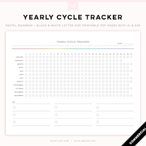 Jährlicher Zyklus Tracker - Minimal Pastell Regenbogen + Schwarz & Weiß Digital PDF Printables | Anpassbare Vorlagen für den persönlichen und kommerziellen Gebrauch