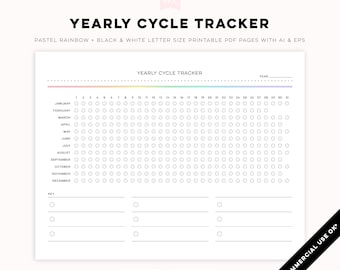 Yearly Cycle Tracker - Minimal Pastel Rainbow + Black & White Digital PDF Printables | Customizable Templates for Personal + Commercial Use