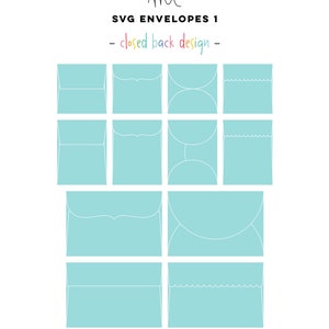 May include: A set of nine SVG envelope designs with closed backs. The envelopes are outlined in white on a light blue background. The designs include a straight edge, a scalloped edge, and a curved edge.