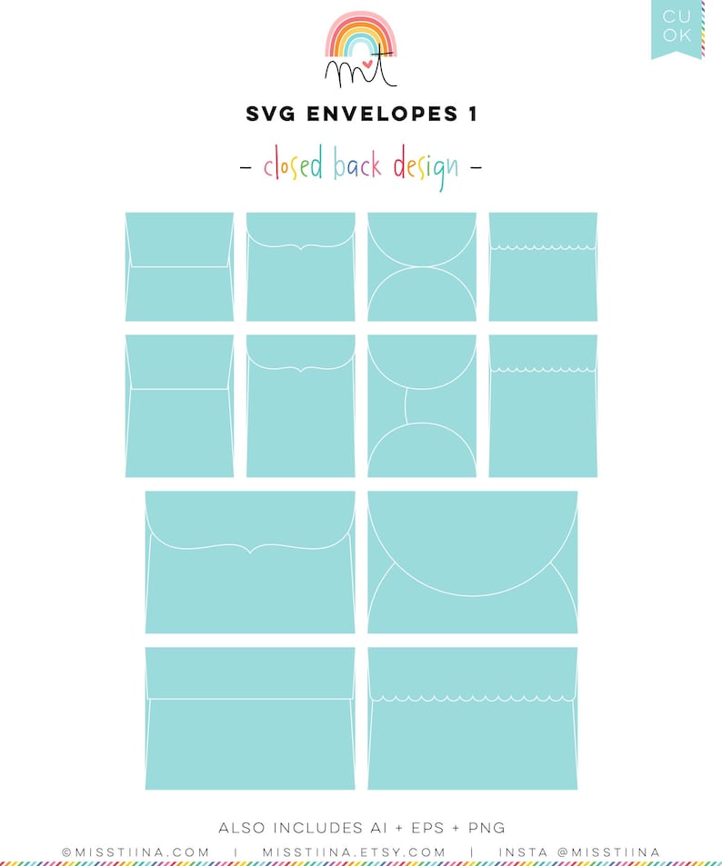 May include: A set of nine SVG envelope designs with closed backs. The envelopes are outlined in white on a light blue background. The designs include a straight edge, a scalloped edge, and a curved edge.