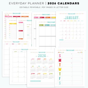 May include: A collection of printable 2026 planner pages in letter size. The pages include calendars, daily and weekly layouts, and a yearly overview. The design features colorful accents and the text "EVERYDAY PLANNER | 2026 CALENDARS".