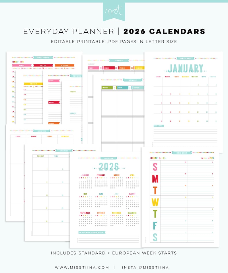 May include: A collection of printable 2026 planner pages in letter size. The pages include calendars, daily and weekly layouts, and a yearly overview. The design features colorful accents and the text "EVERYDAY PLANNER | 2026 CALENDARS".