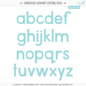 May include: A set of lowercase alphabet letters in a light blue color. The letters are in a simple, bold font style. The letters are arranged in three rows, with the first row being a, b, c, d, e, and f. The second row is g, h, i, j, k, l, and m. The third row is n, o, p, q, r, and s. The fourth row is t, u, v, w, x, y, and z. The letters are for cutting files and are available in SVG, DXF, and PNG formats.