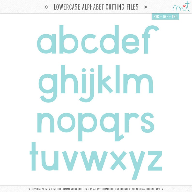 May include: A set of lowercase alphabet letters in a light blue color. The letters are in a simple, bold font style. The letters are arranged in three rows, with the first row being a, b, c, d, e, and f. The second row is g, h, i, j, k, l, and m. The third row is n, o, p, q, r, and s. The fourth row is t, u, v, w, x, y, and z. The letters are for cutting files and are available in SVG, DXF, and PNG formats.