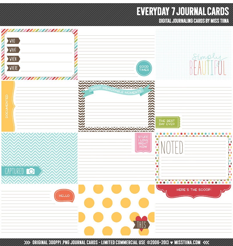 Everyday 7 Digital Journal Cards - 4x6 Project Life Inspired Printable Scrapbooking Journaling Note Cards - Instant Download - CU OK - Etsy for Free Printable Project Life Cards
