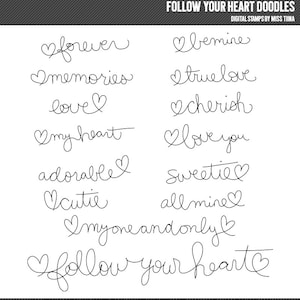 Op de afbeelding: Een set van 12 digitale stempels met handgeschreven cursief tekst met harten. De tekst bevat zinnen zoals "forever", "memories", "love", "bemine", "true love", "cherish", "my heart", "love you", "adorable", "sweetie", "cutie", "all mine", "my one and only" en "follow your heart".