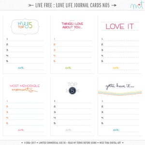 Live Free: Love Life 5 Cartões de diário digital - 3x4 4x6 projeto life pocket scrapbooking diário cartões de nota - download instantâneo - CU OK