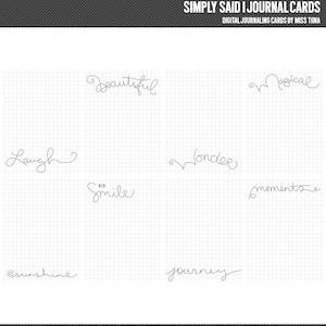 Peut inclure: Une feuille imprimable de cartes de journalisation numérique avec un fond quadrillé. Les cartes présentent des mots écrits à la main comme "Beautiful", "Magical", "Laugh", "Wonder", "Big Smile", "Moments", "Sunshine", et "Journey".
