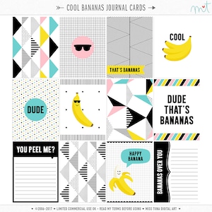 Cool Bananas Digital Journal Cards - 3x4 project life inspired printable scrapbooking journaling note cards  - instant download - CU OK