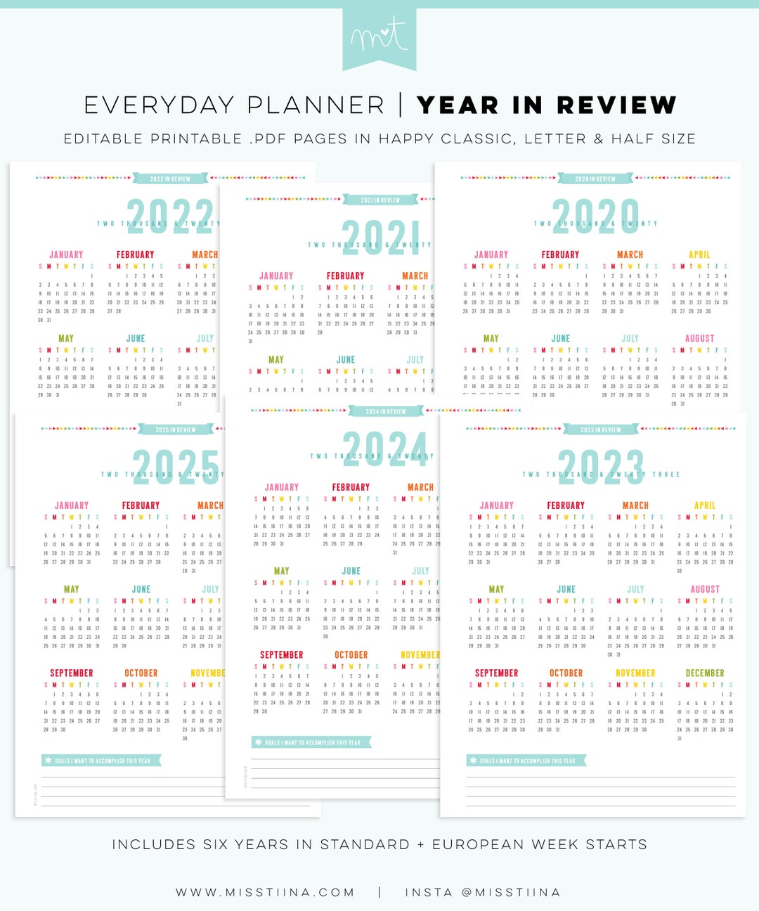 20202025 Year in Review Calendars EDITABLE Everyday Planner Pages