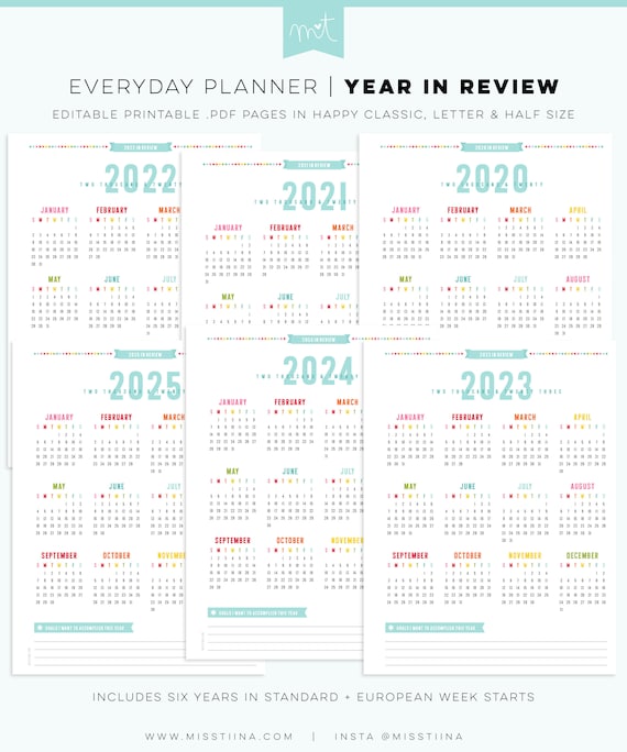 Calendari anno in revisione 2020-2025 Pagine di agenda quotidiana  MODIFICABILI Happy Classic, Letter e Half Size Font gratuiti Inserti  stampabili PDF -  Italia