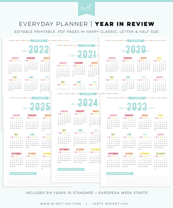 Calendari anno in revisione 2020-2025 Pagine di agenda quotidiana  MODIFICABILI Happy Classic, Letter e Half Size Font gratuiti Inserti  stampabili PDF -  Italia