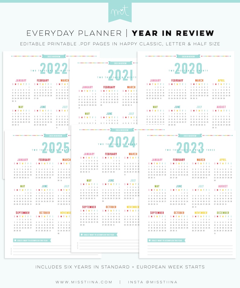 20202025 Year in Review Calendars EDITABLE Everyday Planner Etsy