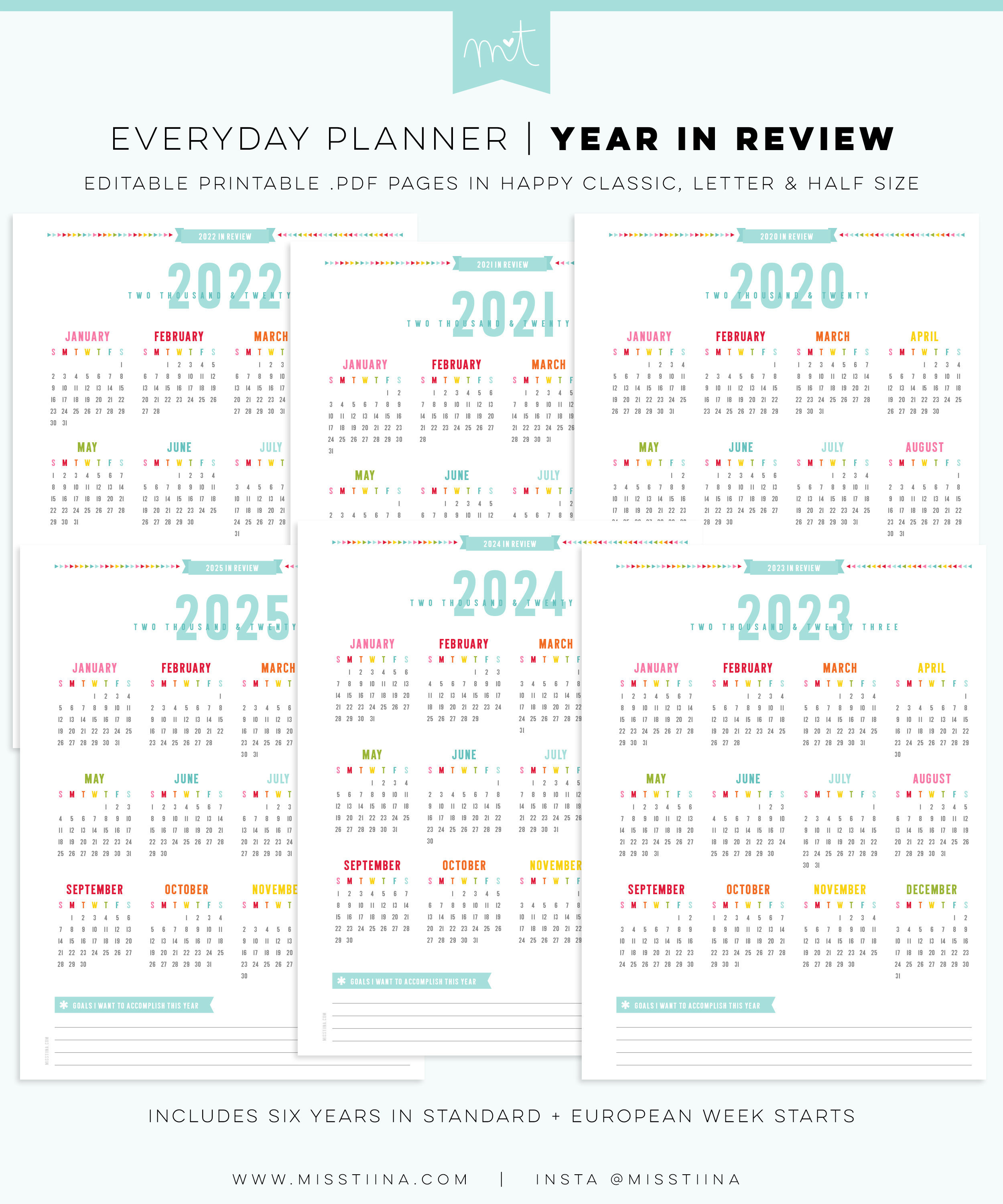 20202025 Year in Review Calendars EDITABLE Everyday Planner Etsy