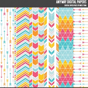 May include: A digital paper pack with six different patterns. The patterns include arrows, chevron, and geometric designs in shades of pink, blue, yellow, orange, and gray.