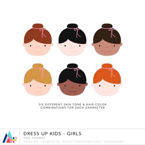 May include: Six cartoon girl faces with different skin tones and hair colors, each with a pink bow. The hair colors include brown, black, and red. The text reads "DRESS UP KIDS - GIRLS".