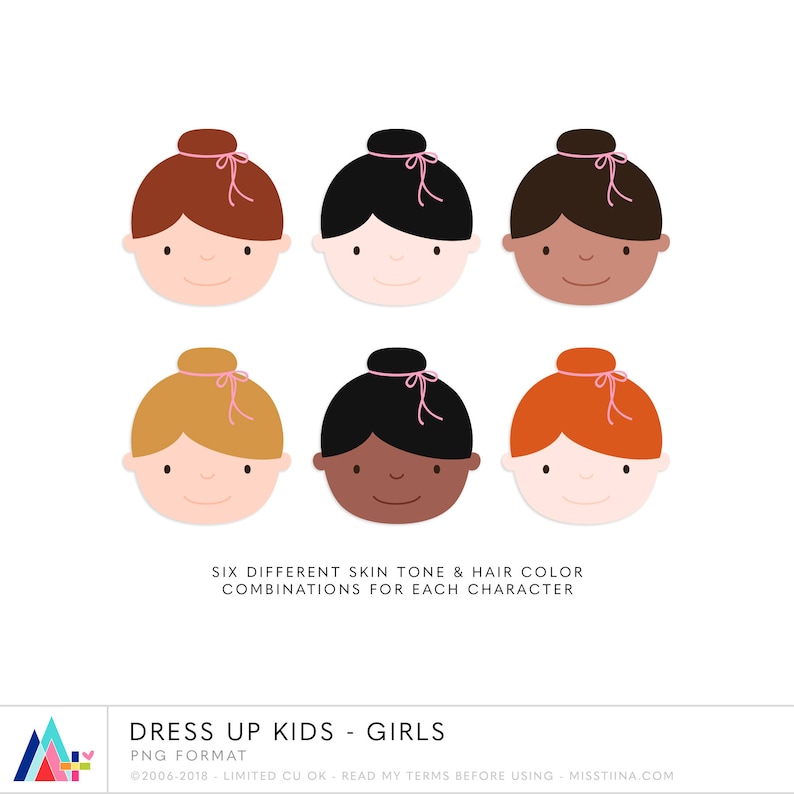 May include: Six cartoon girl faces with different skin tones and hair colors, each with a pink bow. The hair colors include brown, black, and red. The text reads "DRESS UP KIDS - GIRLS".
