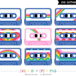 Retro Rainbow Cassette Cintas SVG Digital Cut Files + Vectores y Clipart Printables