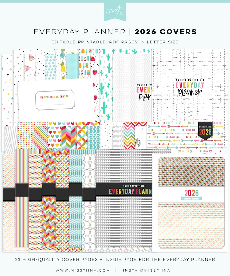 May include: A collection of printable planner covers for 2026, featuring various colorful designs. The covers include patterns like polka dots, chevrons, and geometric shapes. Text includes "Everyday Planner" and "2026 Covers". The image also includes the text "Editable Printable .PDF Pages in Letter Size".